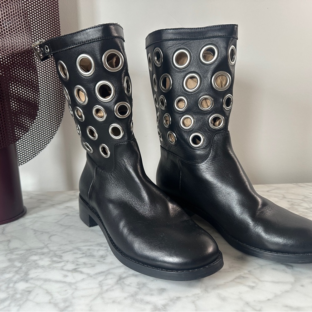 Cecilia New York Black Leather Readd Moto Grommet Leather Boots women 8.5 flat